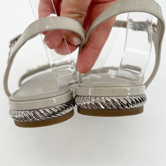 Chanel 37C Gray Quilted Leather Faux Pearl CC Logo Ankle Strap Flat Sandals - Picture 8 of 14